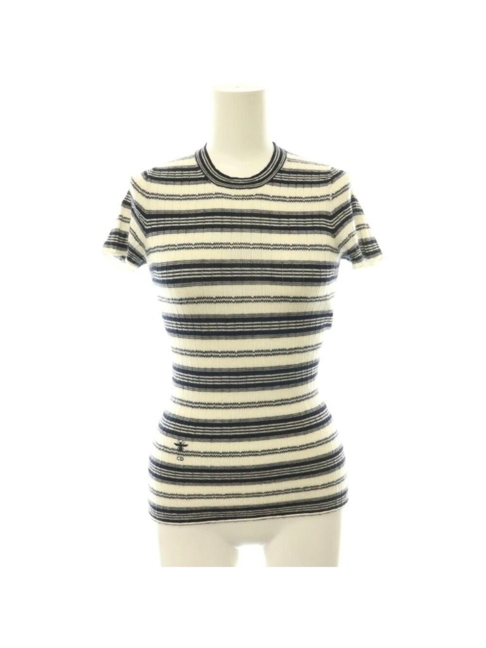 Dior Embroidery Cashmere Silk Blend Knit Sweater Border Short Sleeve White Black